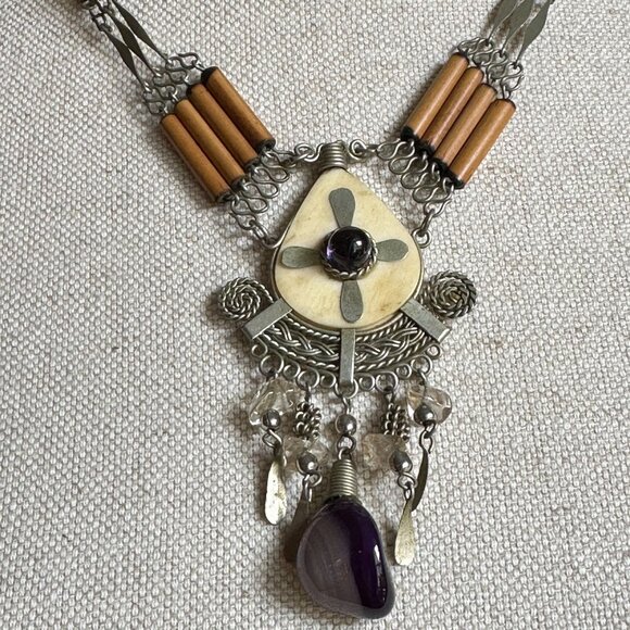 Peruvian Bamboo Necklace With Amethyst Dangle Pendant & Handcrafted - Picture 4 of 10